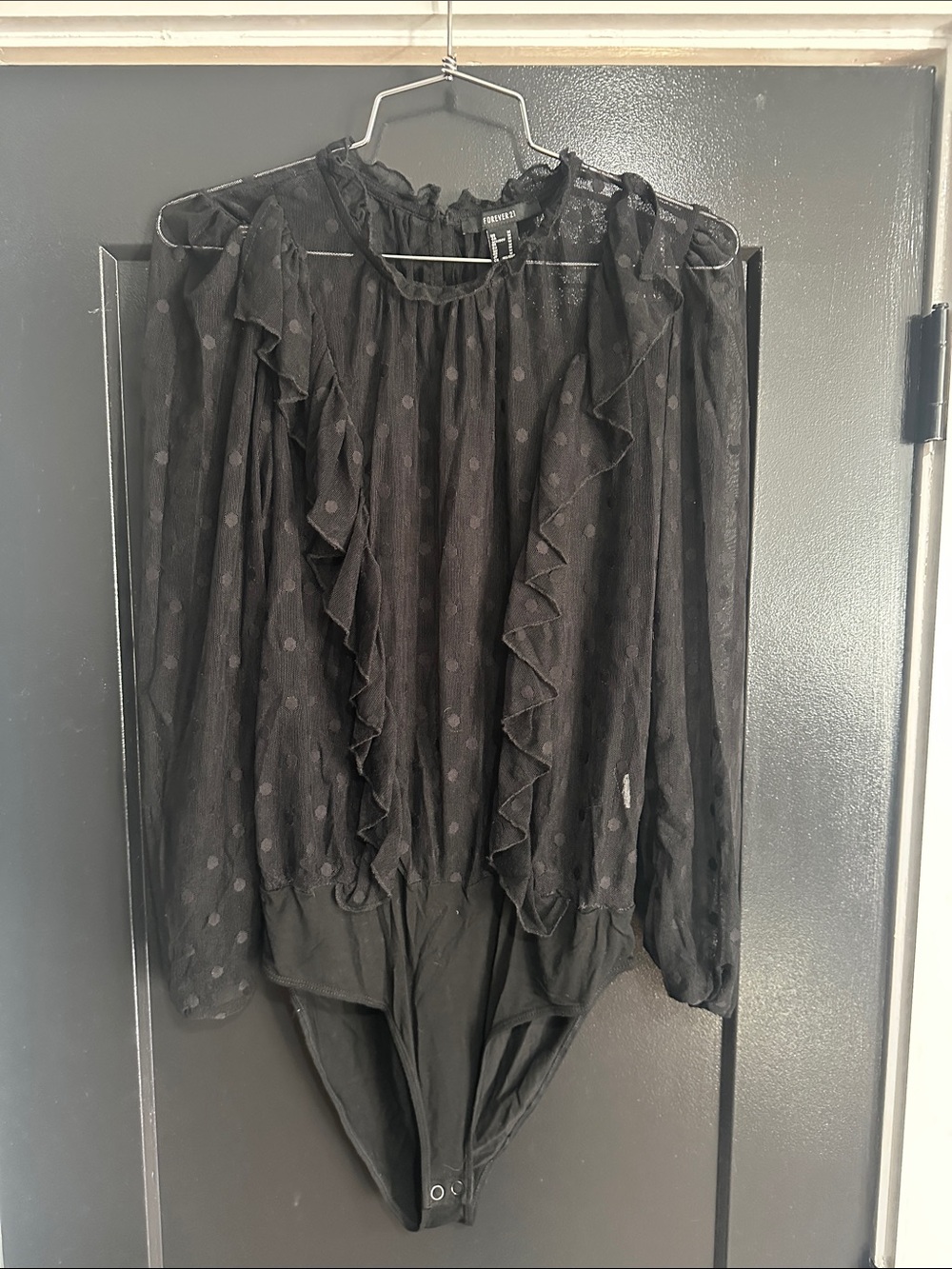 Forever 21 Black Sheer Polka Dot Ruffle Bodysuit